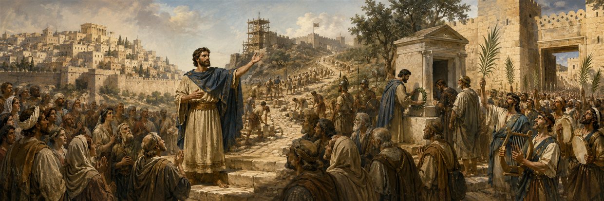 Simon rallies Jerusalem, strengthens its defenses, honors Jonathan's tomb, and enters a cleansed citadel with palms